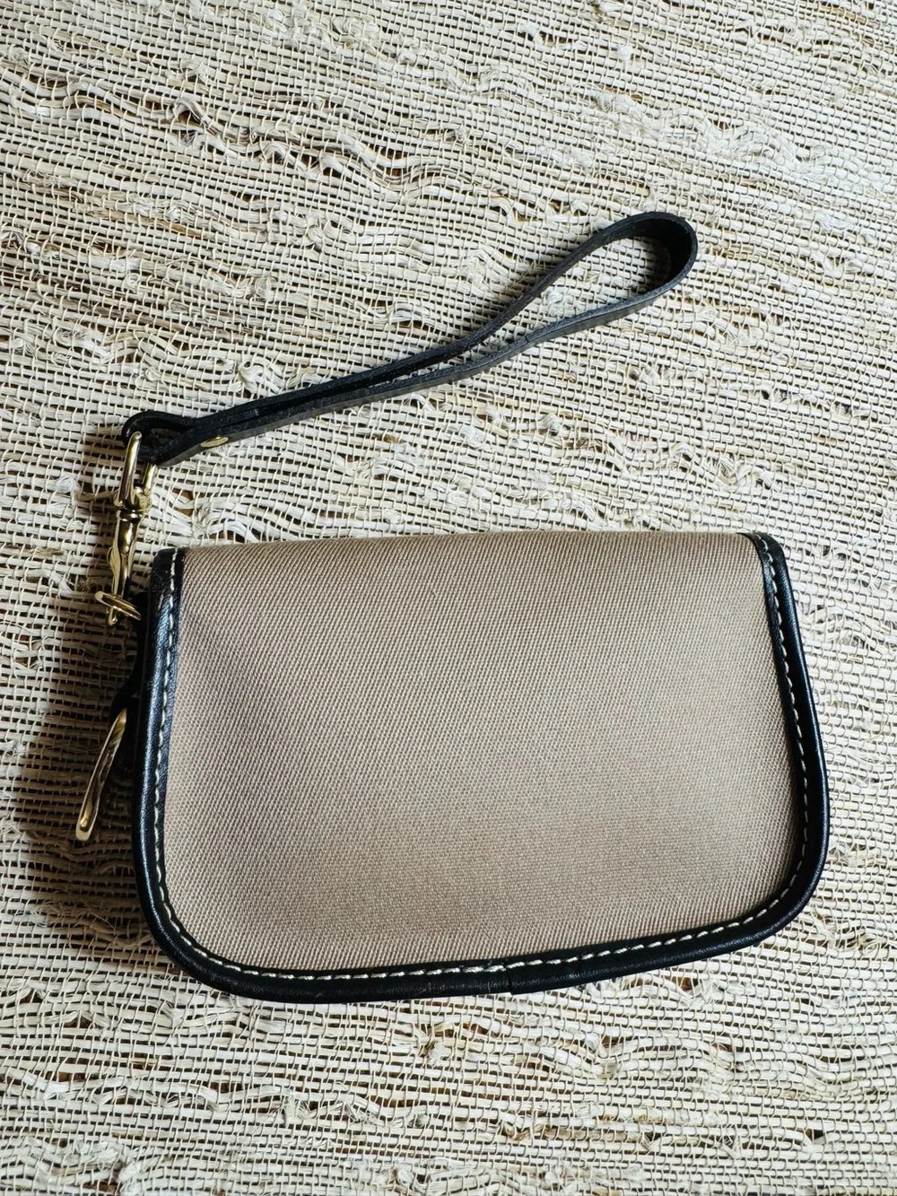 Dooney & Bourke Tan Twill Canvas Flap Wristlet Dark Brown Leather Trim